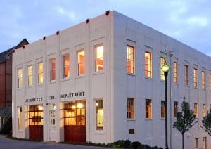 Newberry Firehouse from the corner at dusk